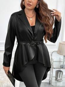 SHEIN Clasi 大碼西裝領腰帶PU皮革外套 - 黑色 - 查看 1