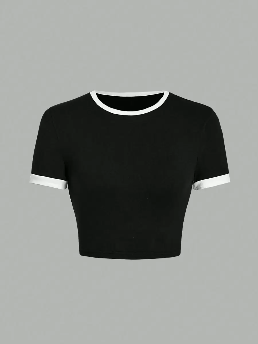 SHEIN EZwear 女士简约撞色圆领短袖修身 T 恤套头衫，适合夏季 - 黑與白 - 查看 1