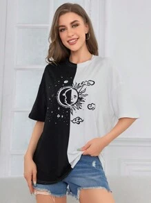 SHEIN Unity Color Block Sun & Moon Graphic Drop Shoulder Tee - Black and White - View 8