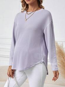 SHEIN 弧形下擺孕婦純色落肩 T 卹 - 紫色 - 查看 3
