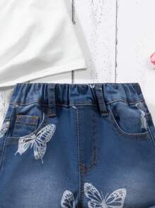 幼童女孩蝴蝶印花牛仔短褲 - 中等水洗藍 - 查看 3