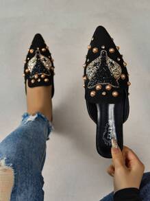2025 Autumn 2023 New Arrivals Women's Cute Rhinestone-Like Fox Animal Decor Fashionable Casual Flat Mules - Black - View 5