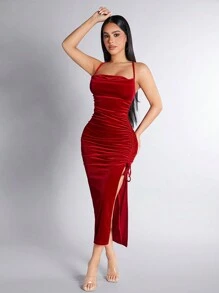 SHEIN PETITE 女性束腰劃分式襯衫裙 - 紅色 - 查看 5