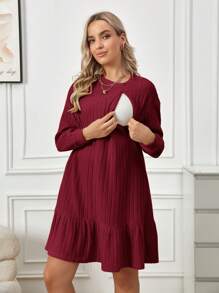 SHEIN Maternity Ribbed Dress With Ruffle Hem And Nursing Design - Red - View 10