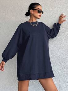RueChic Solid Color Loose Fit Drop Shoulder Sweatshirt - Navy Blue - View 3