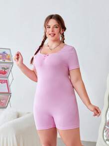 SHEIN EZwear Kích thước lớn Của phụ nữ Thon gọn Romper Với Nhỏ bé Nơ - Hồng - Xem 7