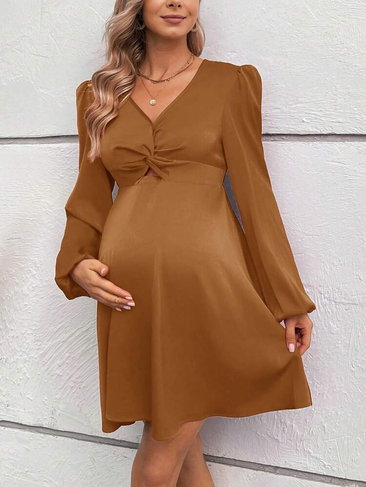Maternity V-Neck Twist Knot Lantern Sleeve Dress