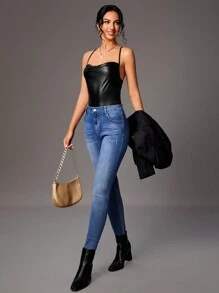 SHEIN Tall Ladies' Pu Leather Bodysuit - Black - View 8