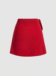 Young Girl Knitted Solid Ruched Bodycon Casual Skirt - Red - View 2