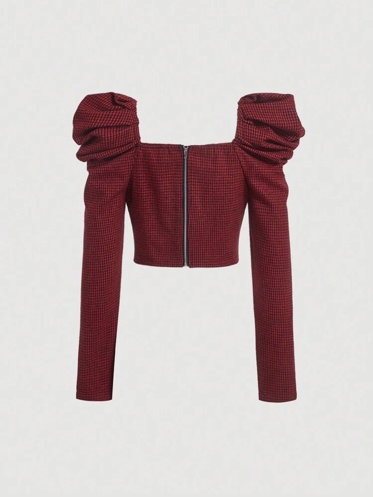 Houndstooth Printed Sweetheart Neckline Long Sleeve Shirt