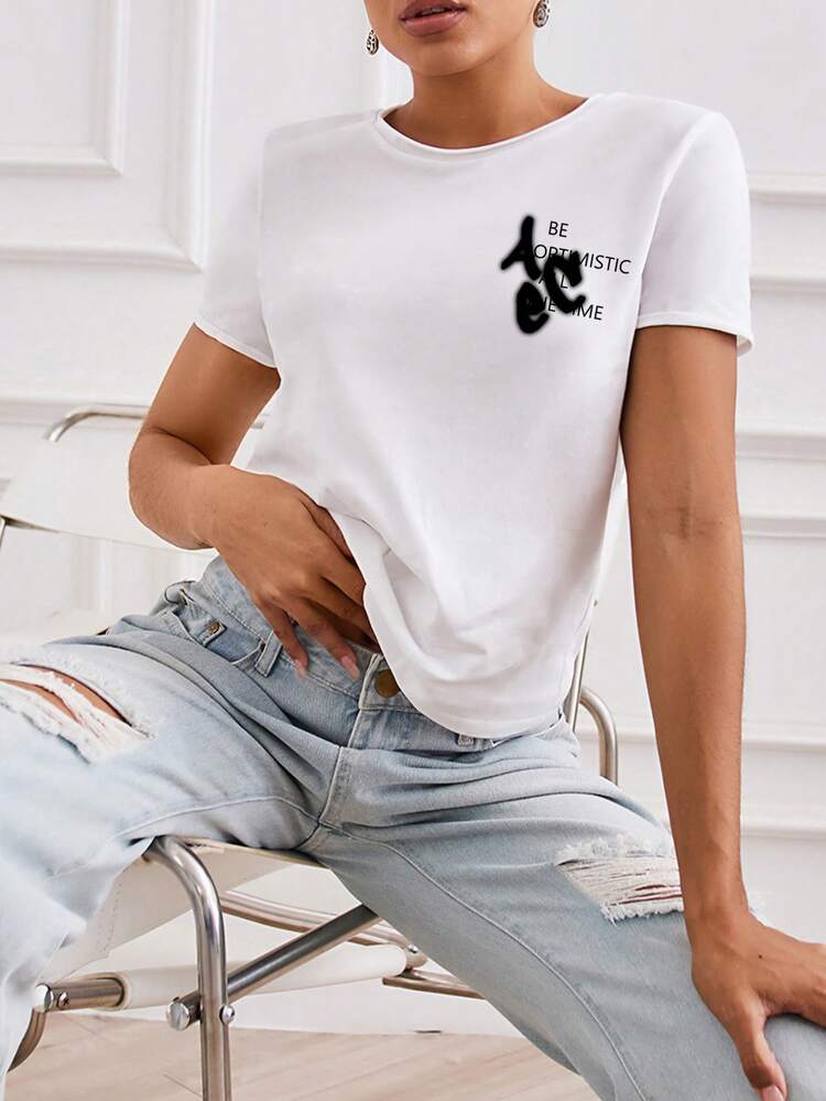SHEIN EZwear 100% Cotton Slim Fit Casual Short Sleeve T-Shirt With Front & Back Slogan Print - Black - View 4