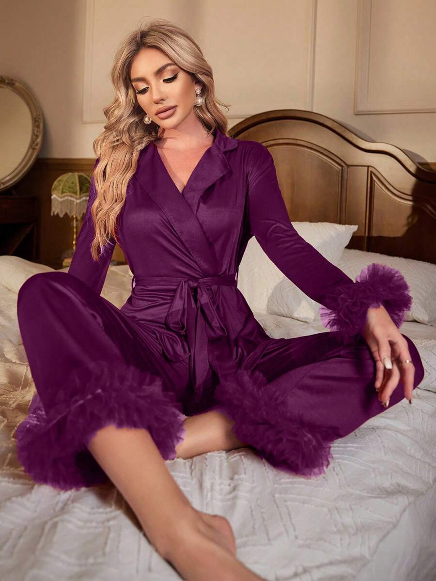 SHEIN Women's Mesh Sleeve & Belted Hem Matching Top And Pants Pajama Set, Fall Winter Clothes - Maroon - View 1
