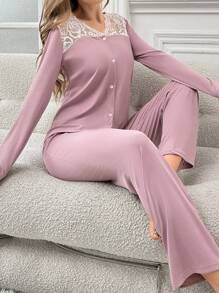 女士優雅白色蕾絲拼布睡衣套裝 - 紫丁香色 - 查看 1