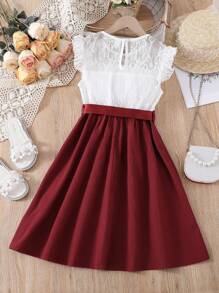SHEIN Abito In Pizzo Casual Per Ragazze Adolescenti - Rosso e Bianco - Visualizzare 2