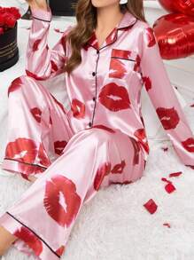 Lips Print Long Sleeve Top & Pants Pajama Set, Fall Clothes  Cozy And Elegant Details - Pink - View 3