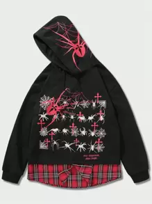 ROMWE MEN Goth Moletom com Capuz Masculino com Estampa de Aranha, Retalhos e Xadrez, Cordão, Halloween