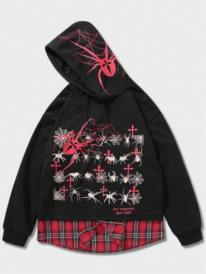 Goth Sweat-shirt à capuche à cordon de serrage avec motif d'araignée et carreaux pour hommes, Halloween