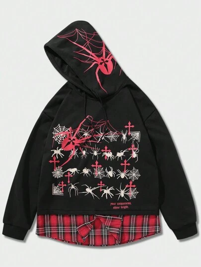 ROMWE MEN Goth Sudadera con capucha con cordón, estampado de araña y parches a cuadros para hombre, Halloween