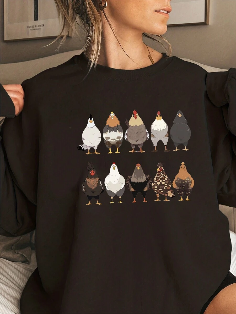 SHEIN EZwear Women's Chicken Print Drop Shoulder Sweatshirt - Black - View 1