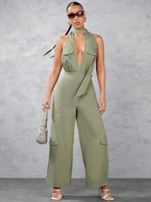 SHEIN BAE 實色高街背帶褲連身裝,配有口袋、腰帶和寬腿 - 軍綠色 - 查看 5