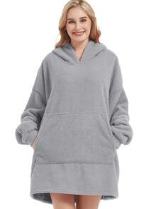 袋鼠口袋连帽运动衫，带 3D 耳朵装饰，舒适宽松中长休闲家居服，秋冬 - 灰色 - 查看 5