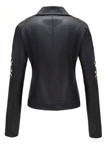 Risissida Women's Autumn Faux Leather Biker Jacket - Vintage Patch, Create Layered Personalized Style - Black - View 5