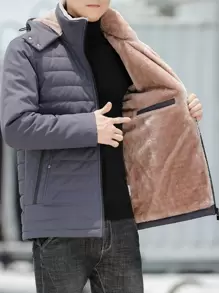 Men Plus New Thickened Internal Fleece Warm Coat With Zipper Pocket And Hood - Grey - View 1
