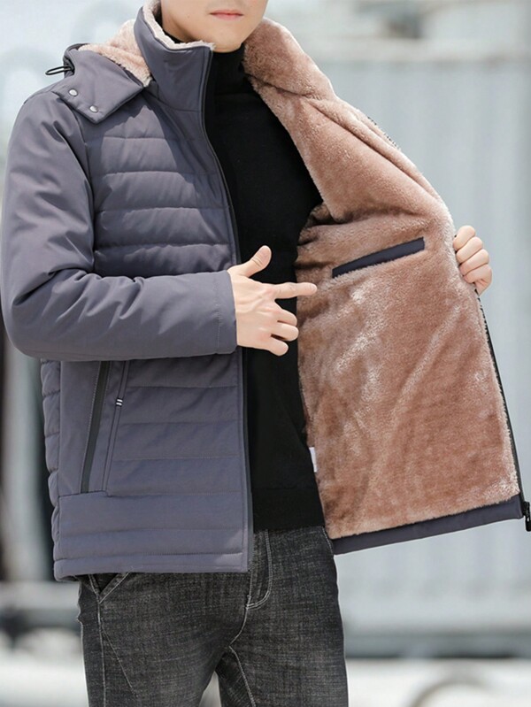 Men Plus New Thickened Internal Fleece Warm Coat With Zipper Pocket And Hood