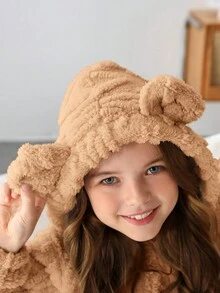 SHEIN Tween 女童都會風格針織純色雙面抓絨連帽連身褲 - 駝色 - 查看 4