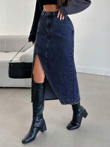 EURMUSE Women'S Denim Skirt With Split - Blue - View 1