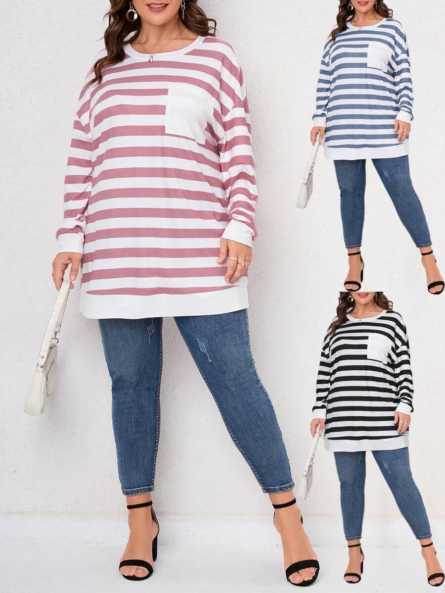 SHEIN LUNE 大碼條紋圖案落肩T恤 - 藍白色 - 查看 1