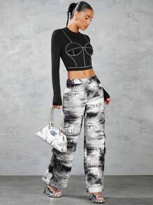 SHEIN BAE Men's Full-Print Newspaper Pattern Low Waist Cargo Pants With 3D Pockets - Black and White - View 5