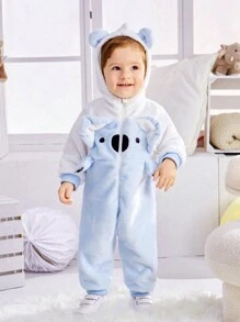 SHEIN Baby Boy Cartoon Embroidery 3D Ear Design Hooded Jumpsuit - Blue and White - View 1