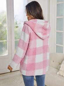 SHEIN LUNE 格紋圖案連帽絨毛外套 - 粉色 - 查看 2