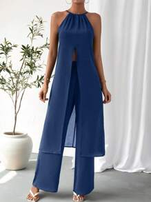 SHEIN Essnce 2pcs Women'S Solid Color Outfit Set - Royal Blue - View 3