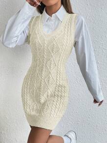 SHEIN Unity 撞色邊v領無袖針織連身裙 - 米色 - 查看 4