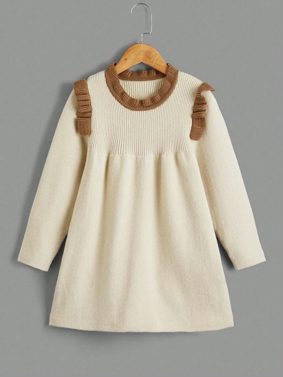 SHEIN Vestido Suéter De Manga Longa Decorado Com Babado De Contraste E Cor Para Meninas