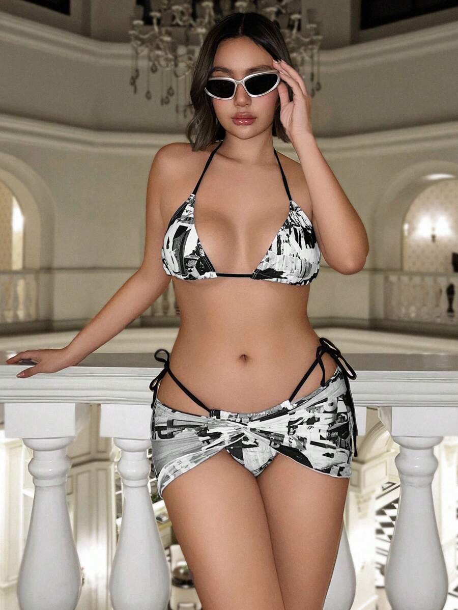 Swim EVENT Women's Letter Printed Three-Piece Triangle Separated Bikini Set Summer Beach - Black and White - View 1