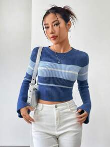 Flirla Women's Color Block Long Sleeve Cropped Sweater,Long Sleeve Tops Knit Pullover Fall Winter Sweater - Multicolor - View 5