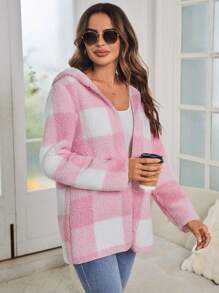 SHEIN LUNE 格紋圖案連帽絨毛外套 - 粉色 - 查看 4