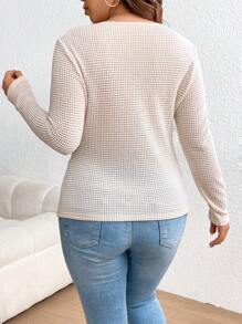 SHEIN Frenchy Plus Size Women'S Solid Color Twisted Knot Long Sleeve T-Shirt - Apricot - View 2