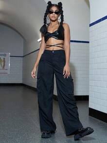 Pantalones cargo con bolsillo con solapa fruncido de pierna ancha - Negro - Ver 7