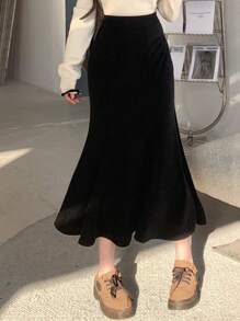 DAZY 女士优雅纯色灯芯绒美人鱼半身裙，秋冬季 - 黑色 - 查看 4