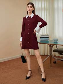BizChic Của phụ nữ Tương phản Khe Cổ tay áo Nút phía trước Đầm - Màu Đỏ Sâu - Xem 9