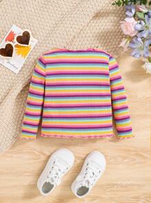 SHEIN Em bé Cô gái Dễ thương Sọc Chi tiết thêu Tay áo dài Áo - Hồng - Xem 2