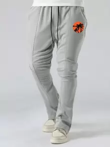 男士寬鬆束腰熱帶印花運動長褲 - 淺灰色 - 查看 1