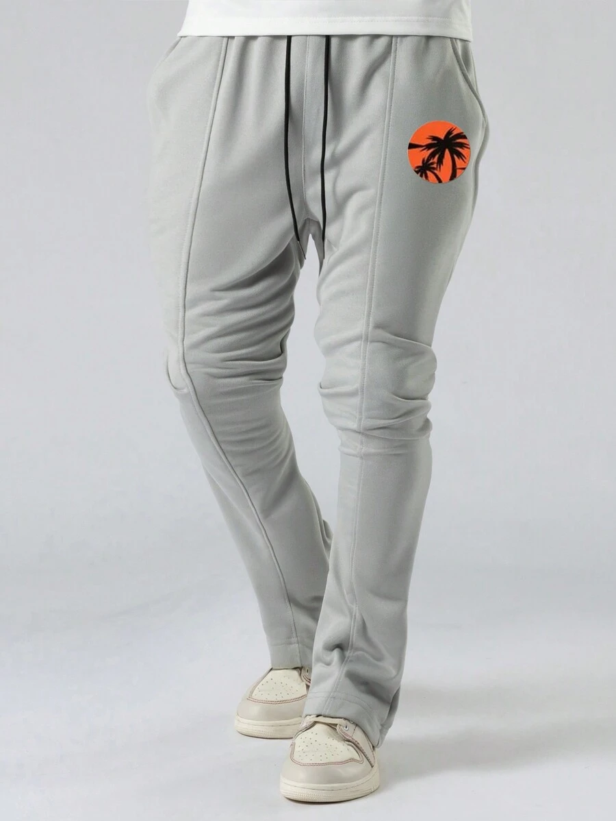 男士寬鬆束腰熱帶印花運動長褲 - 淺灰色 - 查看 1