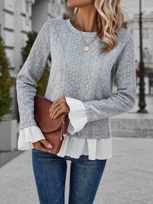 SHEIN Essnce 女士拼接喇叭袖圓領運動衫 - 灰色 - 查看 5