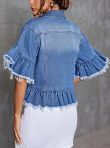 SHEIN Privé Blusa Vaquera De Mujer De Manga Corta Con Dobladillo Con Volantes Y Borde Sin Rematar - Azul lavado medio - Ver 2