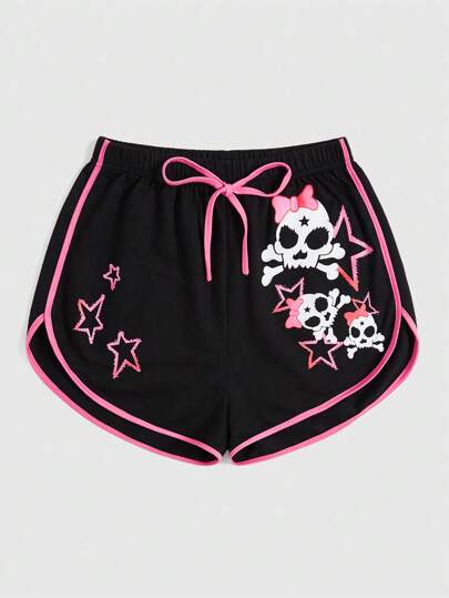 Kawaii Skull Print Contrast Trim Shorts Suitable For Sports